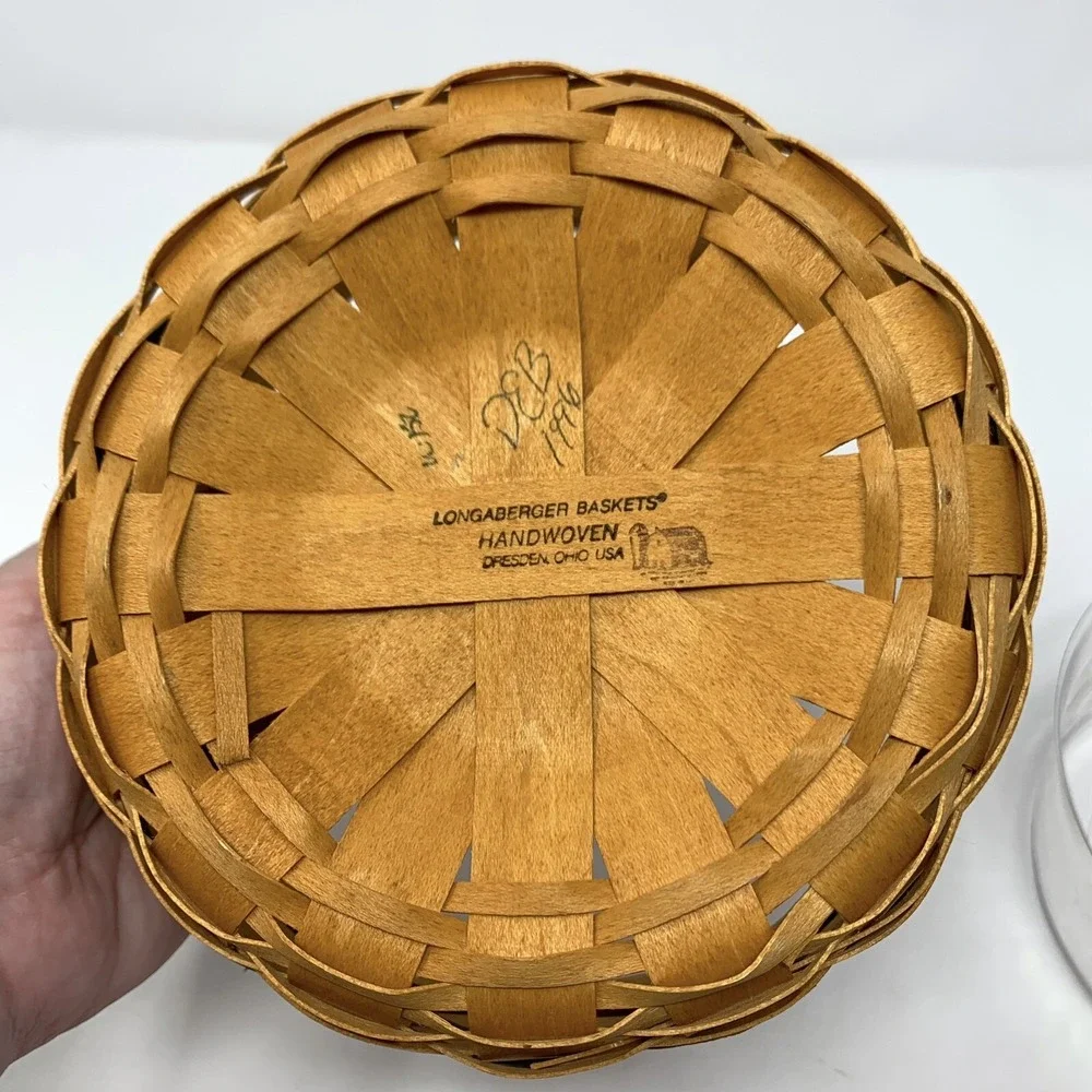Longaberger 1996 Round Basket Leather Handles 6.5 Inch Fabric Liner, Protector